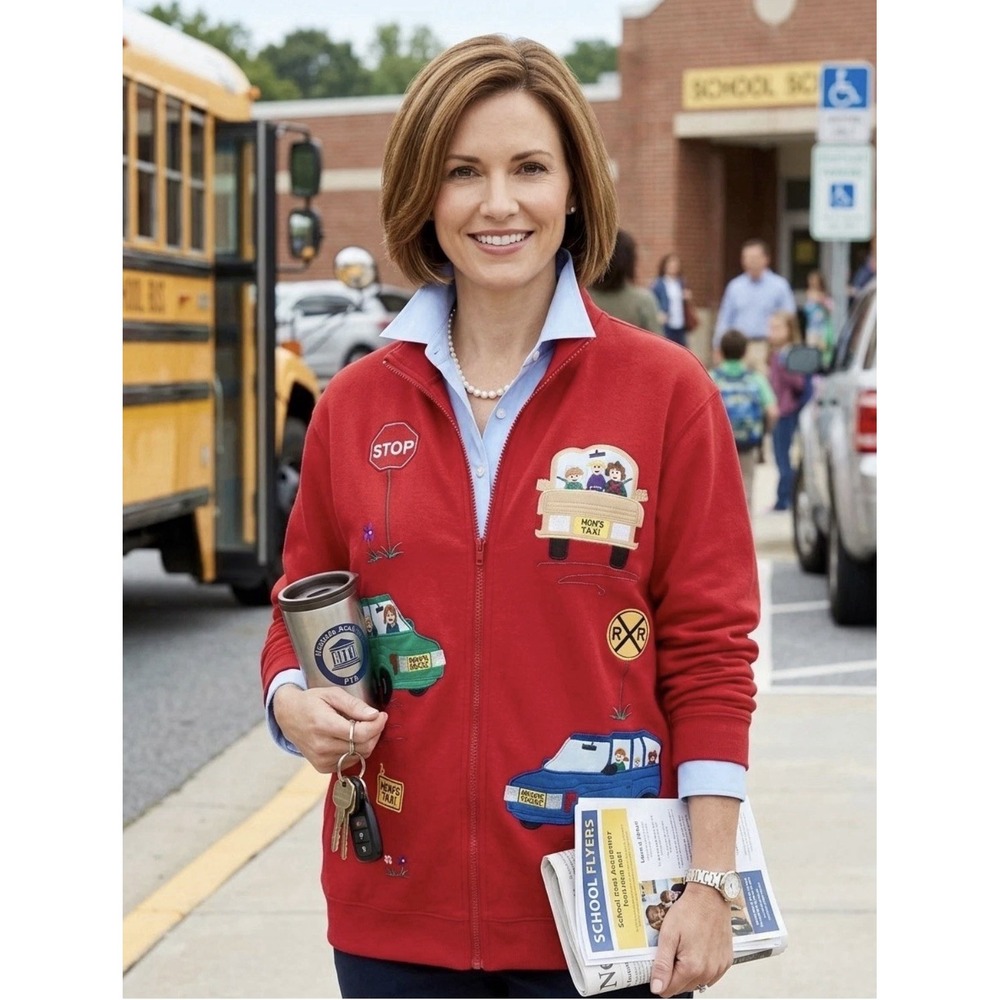 Bechamel Full Zip Pockets Cardigan Jacket Red Embroidered MOMS TAXI Sz Lg Cute